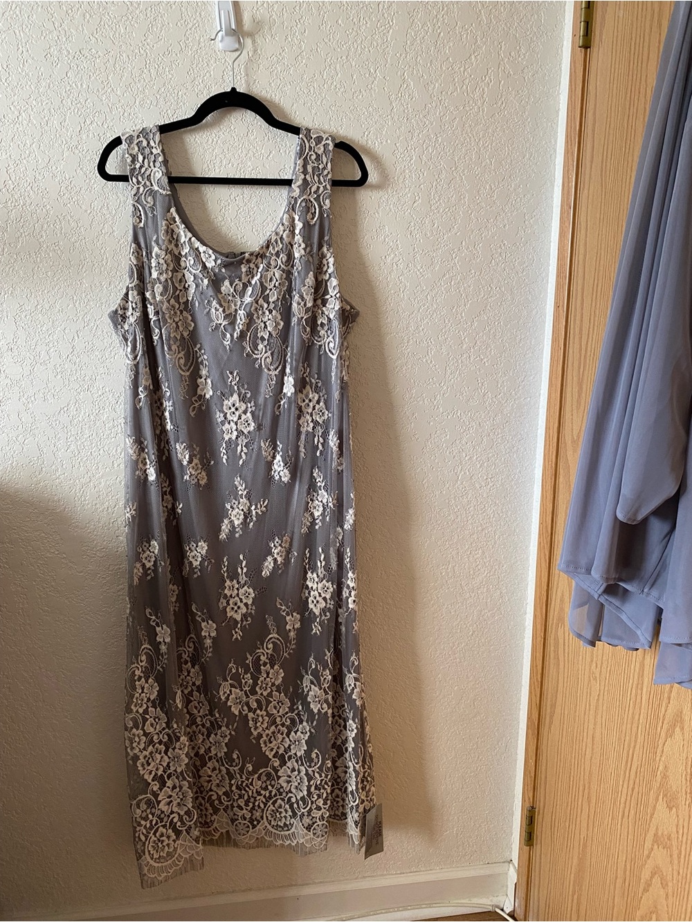Catherines Gray Maxi Dress with Cream Lace Overlay